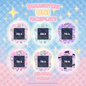 以下が含まれることがあります： パステルカラーのTamagotchi Uniフェイスプレートのコレクション。各フェイスプレートには、漫画のキャラクターと「AG-1」、「AG-2」、「TG-1」、「TG-2」、「TG-3」、「TG-4」のテキストが施されたユニークなデザインが施されています。「TAMAGOTCHI UNI FACEPLATE」の文字が上部にあります。