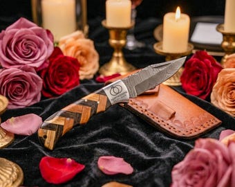 Personalized Damascus Pocket Knife, Custom Engraved Folding Knife, EDC Camping, Hiking Knife, Groomsmen Gift, Birthday Gift for Him