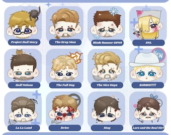 May include: A collection of twelve stylized cartoon character heads representing Ryan Gosling roles, including Project Hail Mary, The Gray Man, Blade Runner 2049, SNL, Half Nelson, The Fall Guy, The Nice Guys, BARBIE!!!!, La La Land, Drive, Stay, and Lars and the Real Girl.