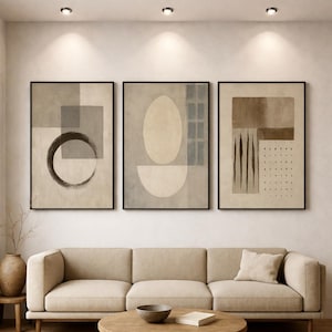 Tríptico abstracto japonés imprimible, arte de pared minimalista en beige neutro, juego de 3, galería moderna Wabi Sabi, descarga digital, decoración, arte para el hogar