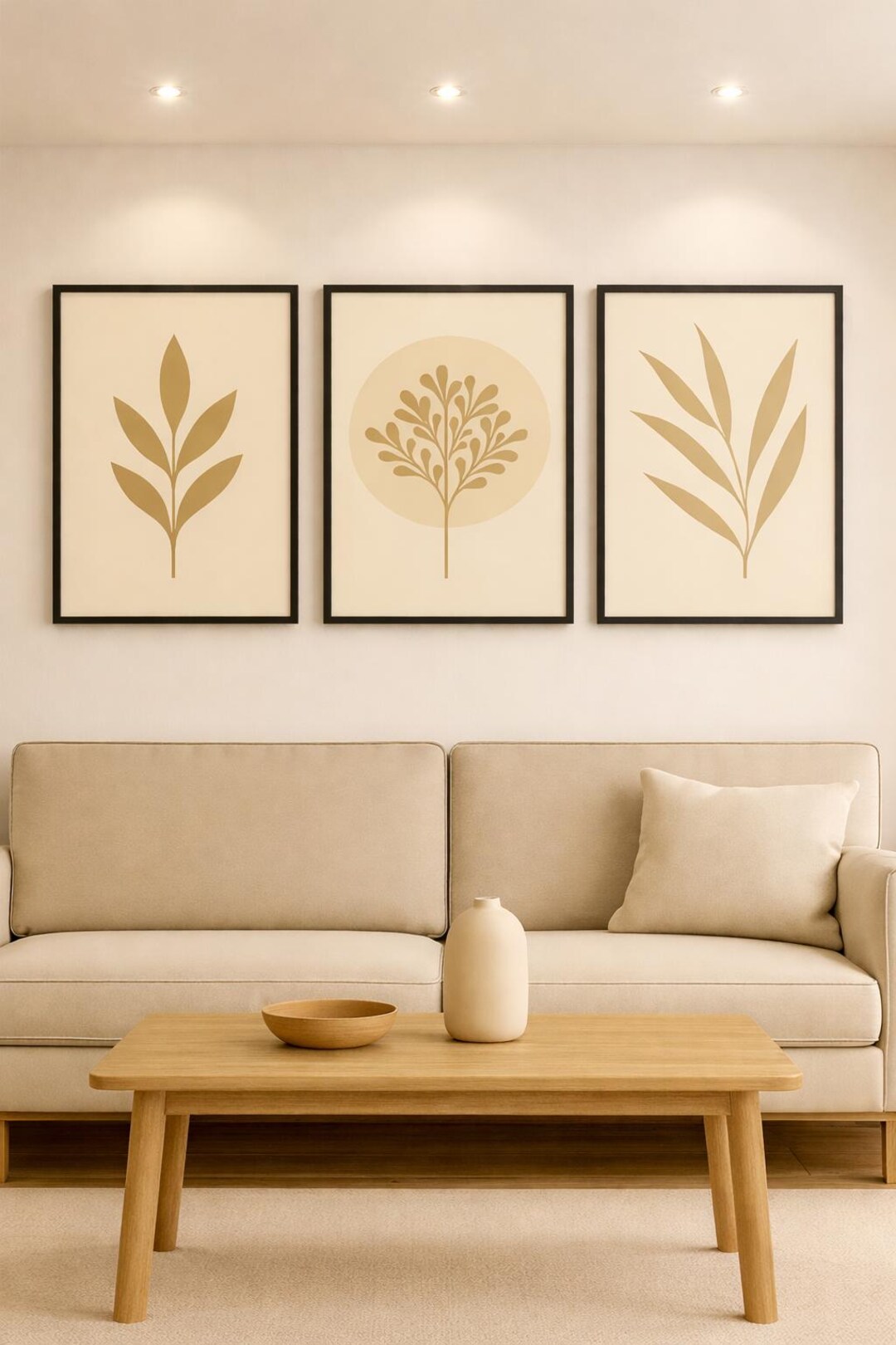 Minimalist Botanical Triptych Beige Leaf Wall Art Set | Neutral Nordic ...