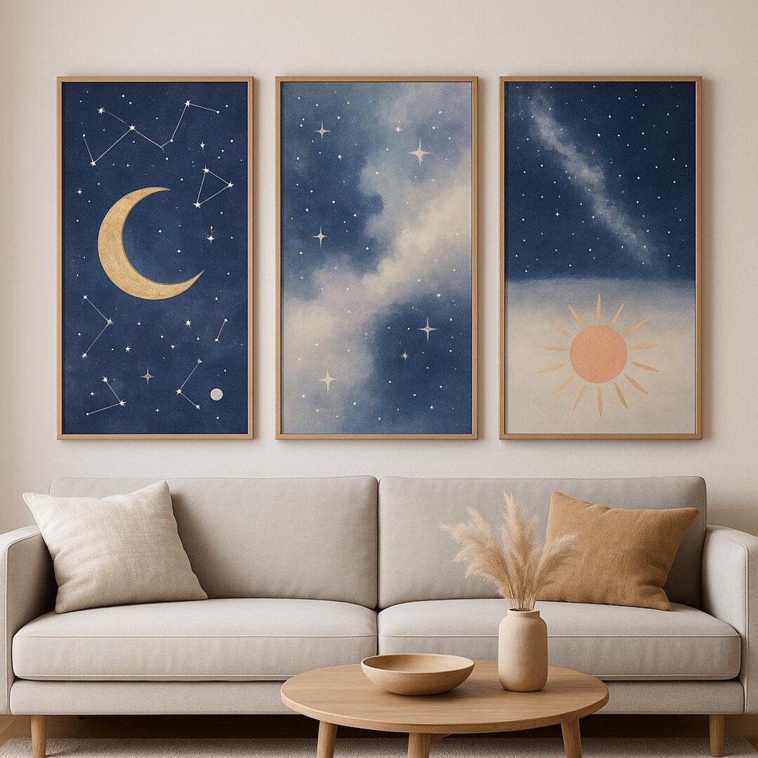 Celestial Sun Moon Stars Triptych – Navy Blue Cosmic Wall Art Set of 3 ...