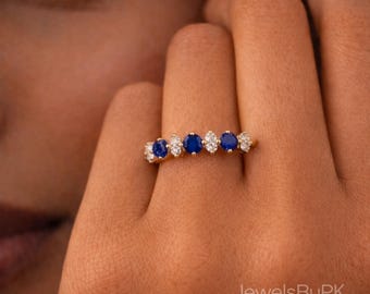 Blue Sapphire Diamond Ring, 14K Yellow Gold Plated Ring, Half Eternity Wedding Band, September Birthstone Ring, Minimal Stackable Ring
