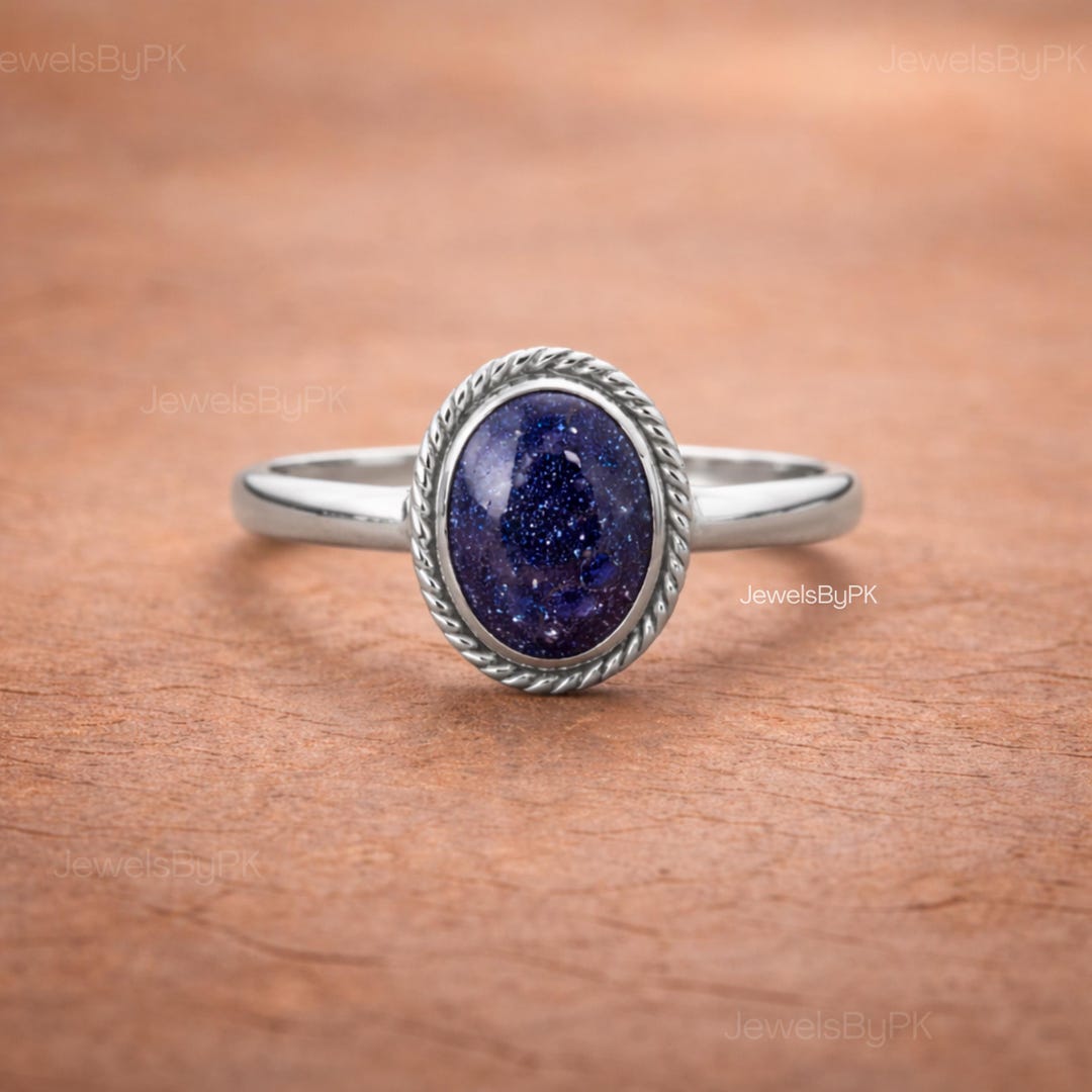 Oval Blue Sandstone Ring, Blue Galaxy Healing Stone Ring, Minimalist ...