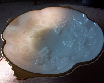 Milk Glass Grape Design Footed Serving Dish