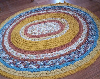 Oval Rag Rug in Golden Yellows, Cinnamon, Floral and Turquoise 3' x 32