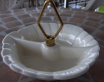 Vintage White Divided Ceramic & Brass Dish