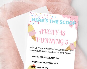 Invitación de cumpleaños con temática de helado / Fiesta de niñas o niños / Descarga instantánea