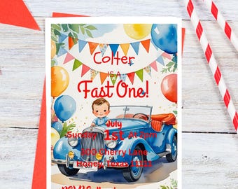 Invitación editable rápida / Primer cumpleaños de coche de carreras / Fiesta de niño de un año / Plantilla para primer cumpleaños / Descarga instantánea