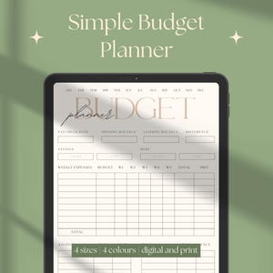 Puede incluir: Un planificador de presupuesto digital que se muestra en una tableta. La pantalla muestra una plantilla de presupuesto de color beige con secciones para ingresos, gastos y ahorros. El texto "Simple Budget Planner" está en la parte superior, con "4 sizes 4 colours digital and print" en la parte inferior.