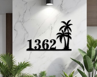 Plaque d'adresse personnalisée en métal avec palmier, plaque de numéro de maison côtière tropicale, décoration extérieure pour entrée, cadeau pour pendaison de crémaillère