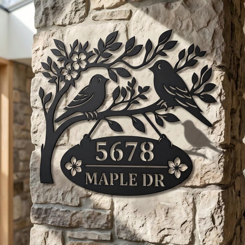 Modern Metal Bird Address Sign, Custom Floral Branch House Number ...