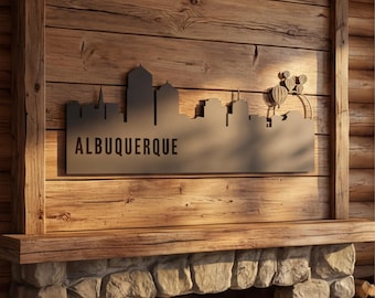 Skyline-bord van Albuquerque, Desert City-silhouet metalen muurkunst, moderne stedelijke plaquette, statement decor voor open haard en thuis