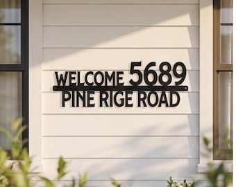 Placa de endereço personalizada em metal, placa minimalista horizontal com número da casa, decoração moderna para parede de entrada, presente personalizado com nome de família para a casa.