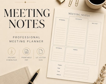Professional Meeting Notes Template, Printable PDF Planner (Digital Download)