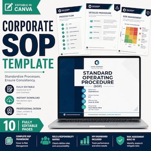 May include: A digital corporate SOP template displayed on a laptop screen, featuring sections for process flow, detailed procedures, and risk management. The design uses a dark blue and white color scheme with text including Corporate SOP Template.