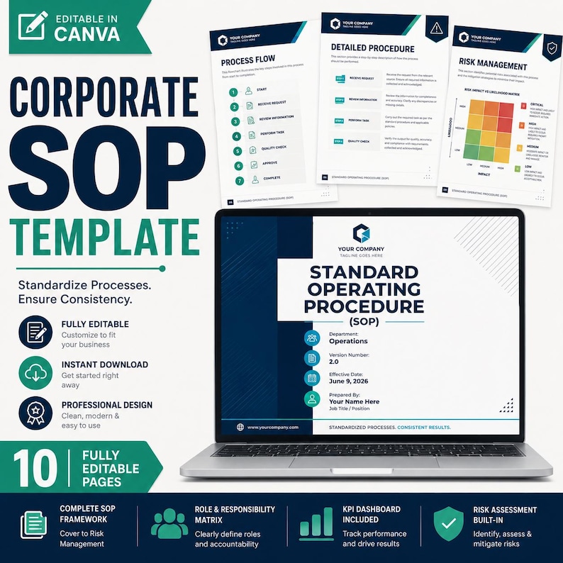 May include: A digital corporate SOP template displayed on a laptop screen, featuring sections for process flow, detailed procedures, and risk management. The design uses a dark blue and white color scheme with text including Corporate SOP Template.