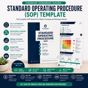 May include: A Standard Operating Procedure (SOP) template document with a dark blue and white color scheme. The cover displays the title, department, version number, and date. Additional pages show process flow, risk management, and quality control charts.