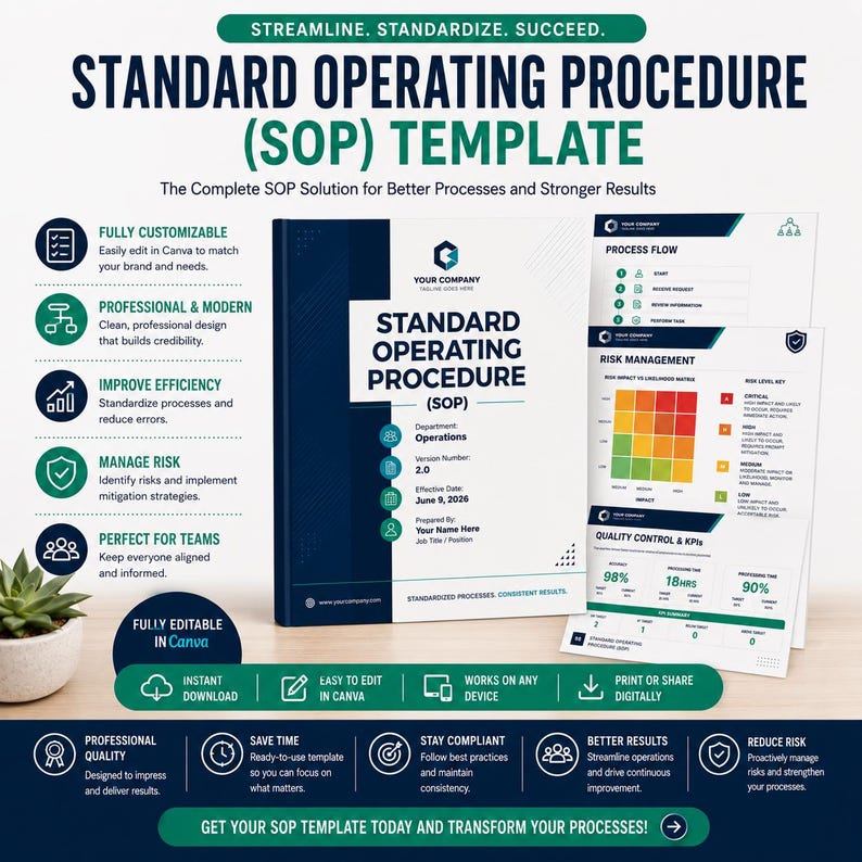 May include: A Standard Operating Procedure (SOP) template document with a dark blue and white color scheme. The cover displays the title, department, version number, and date. Additional pages show process flow, risk management, and quality control charts.