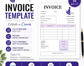 Editable Canva Invoice Template, Small Business Billing Form (US Letter)
