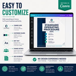 May include: A laptop displaying a Standard Operating Procedure template in Canva. The screen shows a document with the title Standard Operating Procedure (SOP), Department: Operations, Version Number: 2.0, Effective Date: June 9, 2026, and Prepared By.