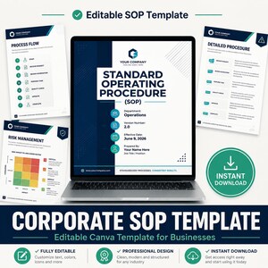 May include: An editable Standard Operating Procedure template displayed on a laptop screen, accompanied by three document pages showing process flow, risk management, and detailed procedures, featuring blue and white corporate branding.