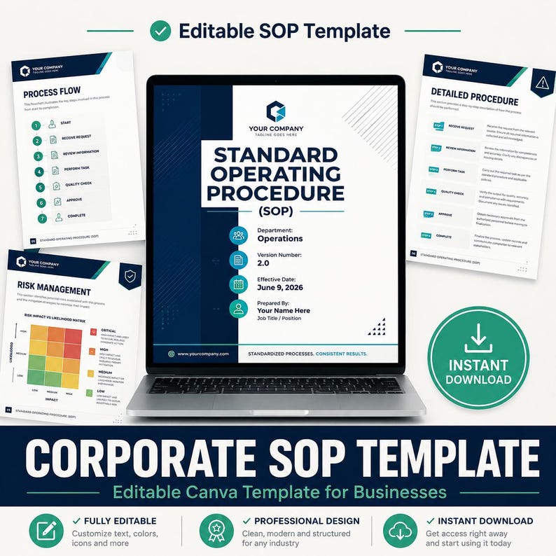 May include: An editable Standard Operating Procedure template displayed on a laptop screen, accompanied by three document pages showing process flow, risk management, and detailed procedures, featuring blue and white corporate branding.