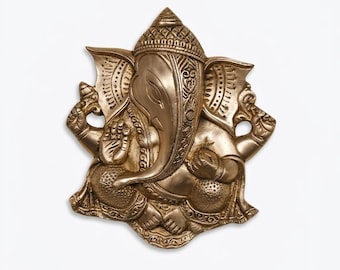 Handgefertigter Ganesha-Wandbehang aus massivem Messing, antikes Gold-Finish, Vastu Idol