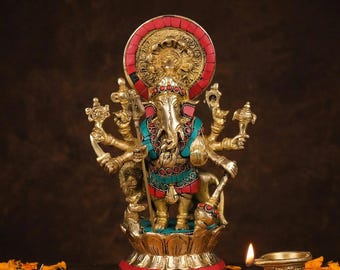 Messing stehende Ganesha-Statue | Türkis und rote Koralle Inlay | Lord Ganpati Idol für Wohnkultur