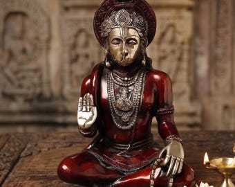 Handgefertigte Lord Hanuman Messing Statue - Antikes Rotgold Finish Meditierendes Idol