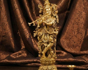 Messing Lord Krishna Spielt Flöte - Handgefertigte Statue | Hinduistisches Dekor | Spirituelles Geschenk