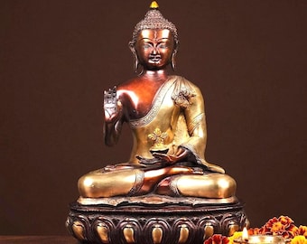 Handgefertigte Messing Segen Buddha Statue | Abhaya Mudra Figur, zweifarbiges Finish Gautama Buddha