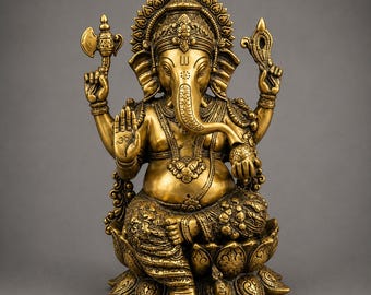 Brass Lord Ganesha Statue – Seated on Lotus Pedestal | Handcrafted Sacred Art