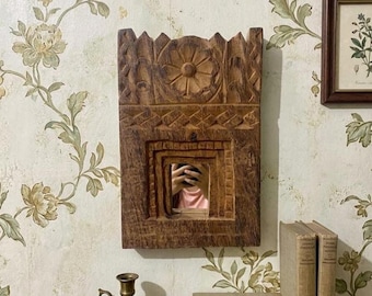 Handgeschnitzter Altholz-Spiegel | Vintage Bogen Fenster Rahmen Wand-Dekor