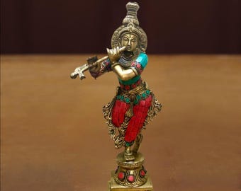 Brass Lord Krishna Playing Flute – Handcrafted Divine Decor