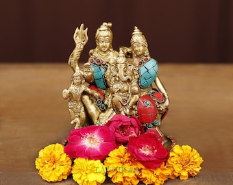 Handgefertigte Shiv Parivar Messing Statue mit Stein Inlay | Antikes Finish | Hinduistisches Haus Tempel Dekor