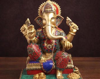 Goldene Ganesha-Statue - Komplizierte Mosaikarbeit, Lord Idol Home Decor