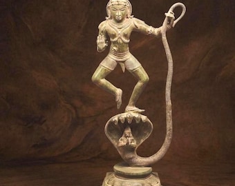 Chola Style Messing Krishna Kalinga Nardana Statue, indische Schlange Tänzerin Skulptur