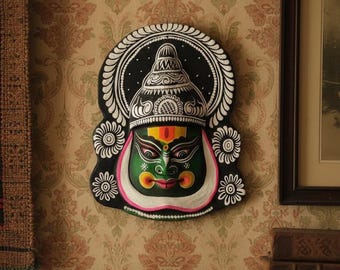 Handgeschilderd kathakali-wandmasker van papier-maché – traditionele Kerala-Indiase volkskunst – 100% handgemaakt