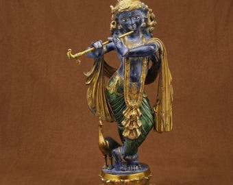 Handbemalte Krishna-Statue aus Messing mit Pfau