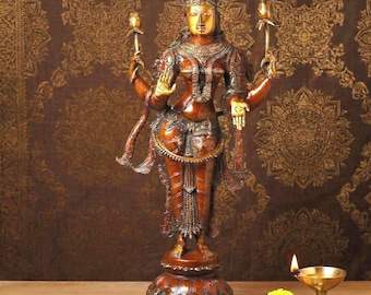 "Handgefertigte Messing-Lakshmi-Statue, 39""Göttin des Reichtums Idol, indische Haustempeldekoration."