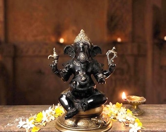 Antikes Finish Messing Ganesha Statue | Handgefertigtes Schwarzes Gold Idol 24 cm Skulptur