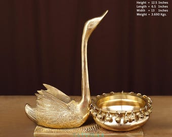 Cigno in ottone fatto a mano con ciotola a campana - Decorazione tradizionale indiana / Porta Diya I Urli