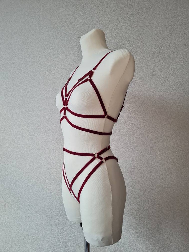 Erotic lingerie,Bondage lingerie. Bodyharness set, Crotchless panties, Sexy lingerie, Erotic Open lingerie, velvet red bondage, image 9