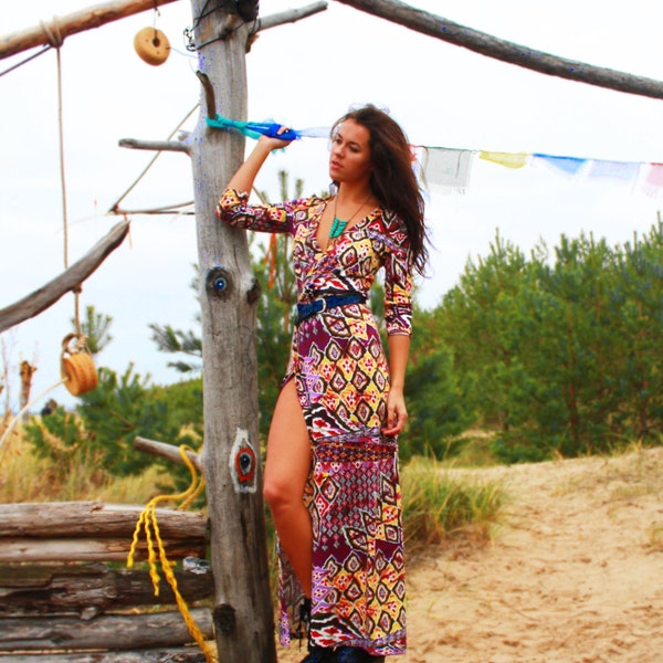 Festival Vibe bohemian maxi dress with high split