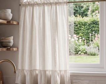 Lantliga volanggardiner i caféstil, mjuk muslin i bomullsgasväv i dubbla lager, gardiner i köksnivå