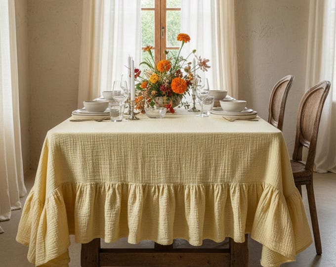 Featured listing image: Ruffled Muslin Tablecloth, 100% Cotton Double Gauze Table Cover, Farmhouse Dining Cloth, Wedding Linen Decor Kitchen Table Cloth