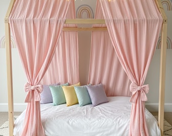 2 Layer Crinkled Muslin Bed Canopy, Montessori Reading Nook Tent 100% Cotton Nursery Canopy Handmade Boho Kids Room Decor Toddler Bed Canopy