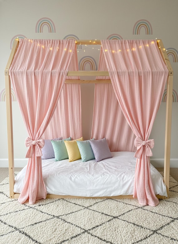 2 Layer Crinkled Muslin Bed Canopy, Montessori Reading Nook Tent 100% Cotton Nursery Canopy Handmade Boho Kids Room Decor Toddler Bed Canopy