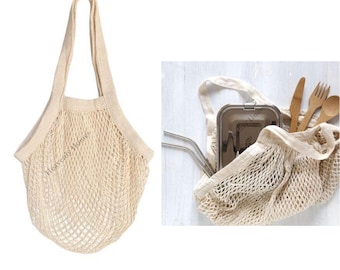 Reusable Cotton Mesh Bag – Eco Friendly Shopping Tote | Zero Waste Grocery Bag | Farmers Market & Produce Net Bag 100% Cotton Long Strap Bag